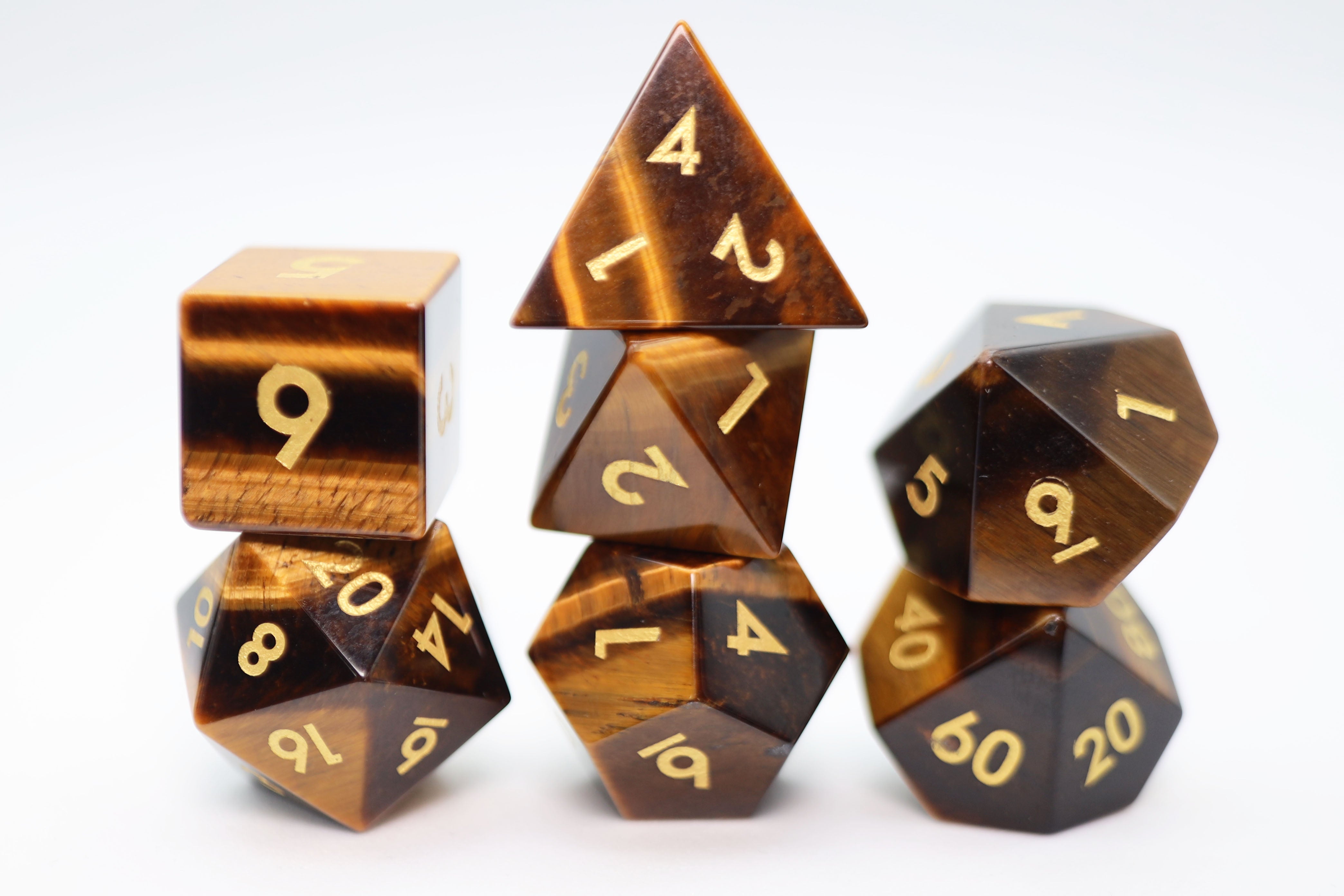 Gemstone Dice - Tiger's Eye Engraved w/ Gold (7)