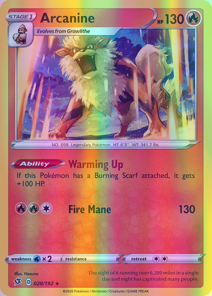 Arcanine - 028/192 (SWSH02) Rare - Near Mint Reverse Holofoil