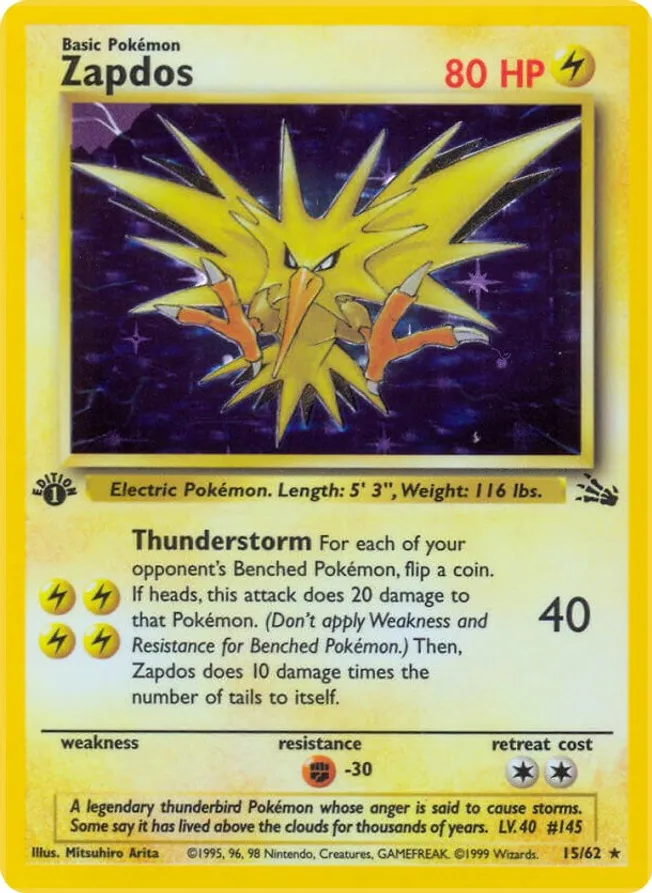 Zapdos  - 15/62 (FO) Holo Rare - Light Play Unlimited Holofoil