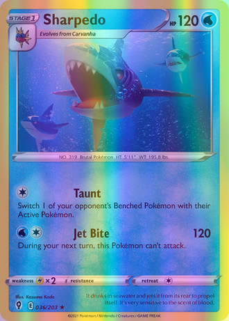 Sharpedo - 036/203 (SWSH07) Rare - Near Mint Reverse Holofoil