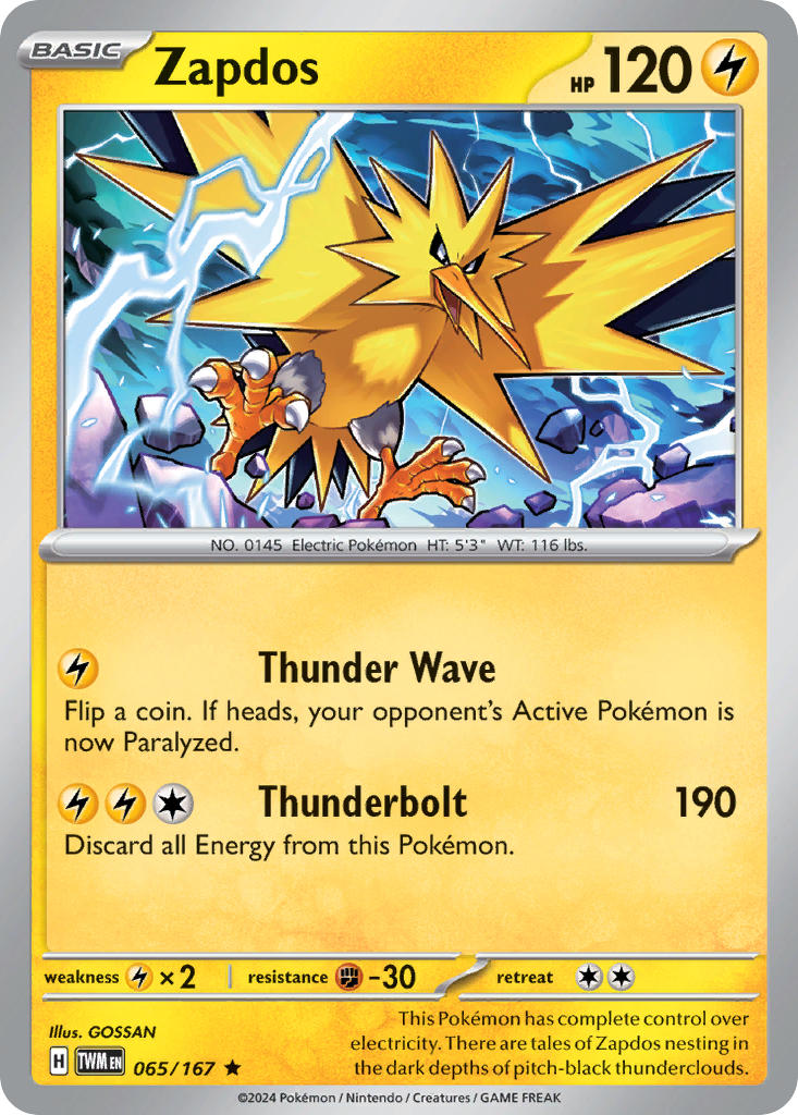 Zapdos - 065/167 (TWM) Rare - Near Mint Holofoil