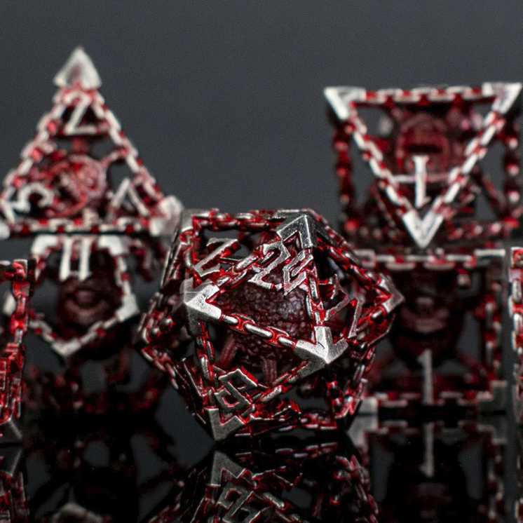 Beholder's Gates Hollow Metal Dice Set - Bloodied Silver