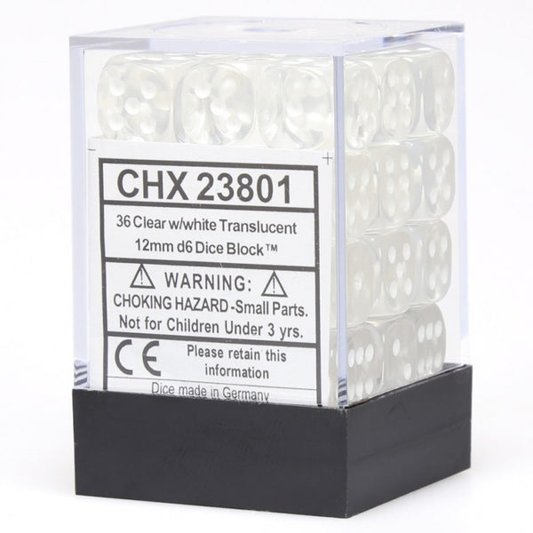 CHX23801: Translucent - 12mm D6 Clear w/white (36)