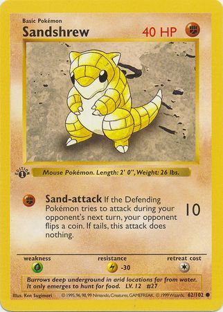 Sandshrew - 062/102 (BS) 1st Edition Common - Near Mint