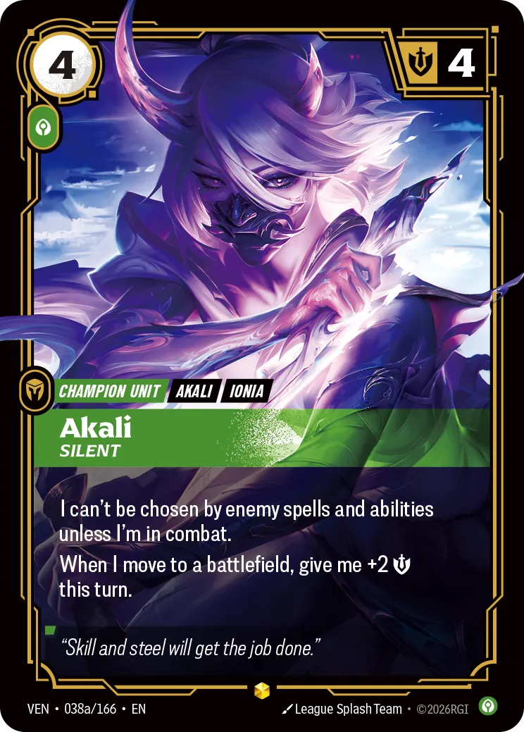 Akali, Silent (Alternate Art) - 038a/166 (VEN) Rare
