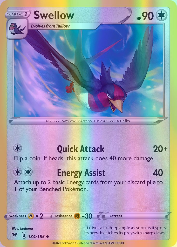 Swellow - 134/185 (SWSH04) Uncommon - Near Mint Reverse Holofoil