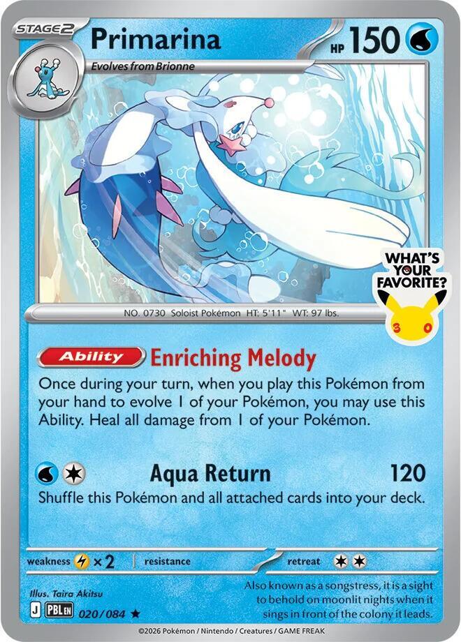 Primarina - 020/084 (PBL) Rare Near Mint Holofoil (What's Your Favorite Stamp)