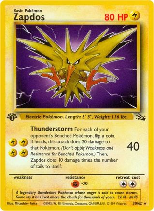 Zapdos  - 30/62 (FO) Rare - Light Play 1st Edition