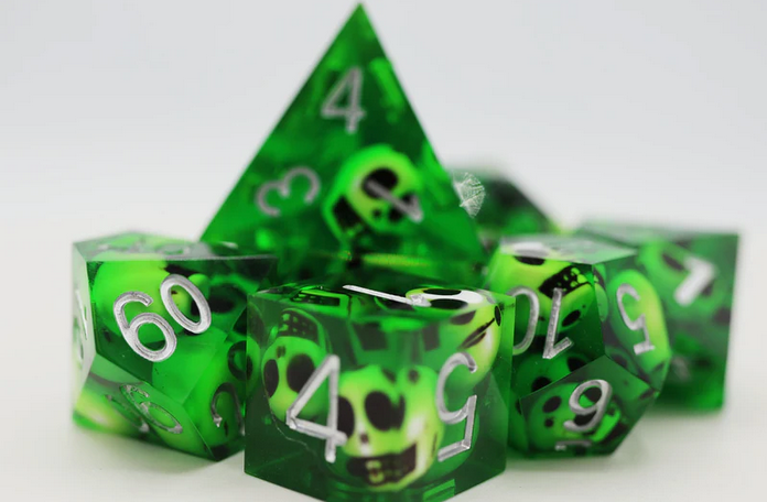 Sharp Edge Resin RPG Dice Set - Green Skulls