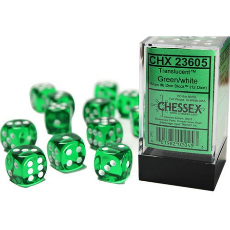 CHX23605: Translucent - 16mm D6 Green w/white (12)