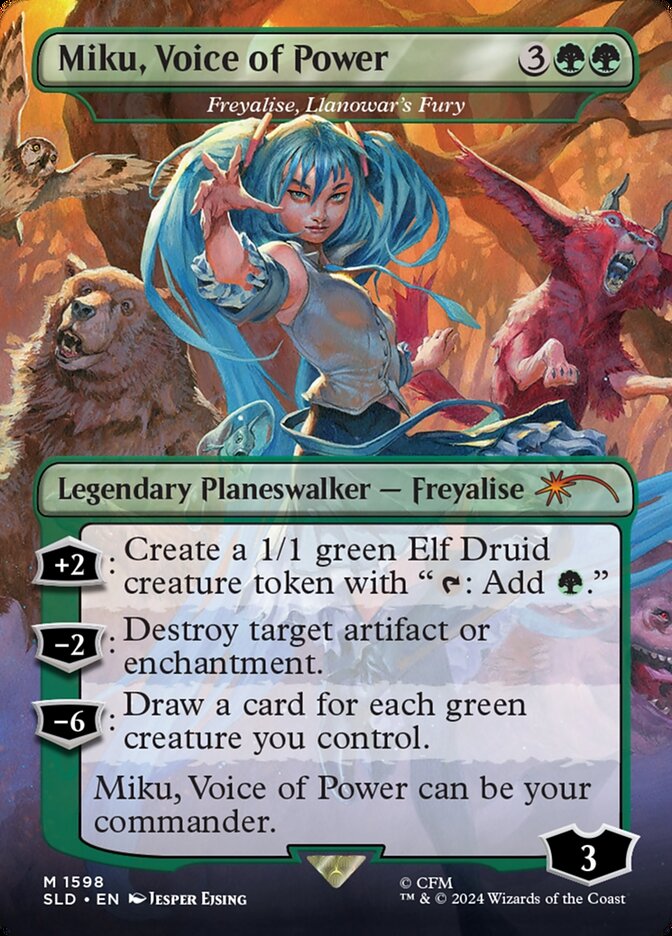 Miku, Voice of Power - Freyalise, Llanowar's Fury [#1598 Alternate-Art Borderless] (SLD-M-FOIL)