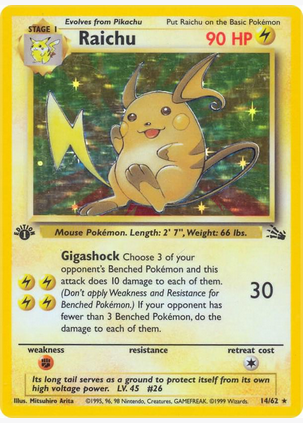 Raichu - 14/62 (FO) Holo Rare - Damaged Unlimited Holofoil
