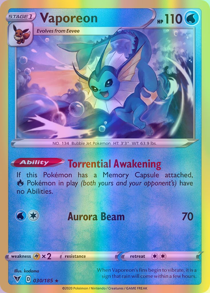 Vaporeon - 030/185 (SWSH04) Rare - Near Mint Reverse Holofoil