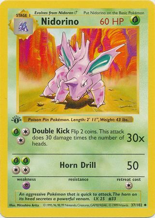 Nidorino - 037/102 (BS) 1st Edition Uncommon - Near Mint