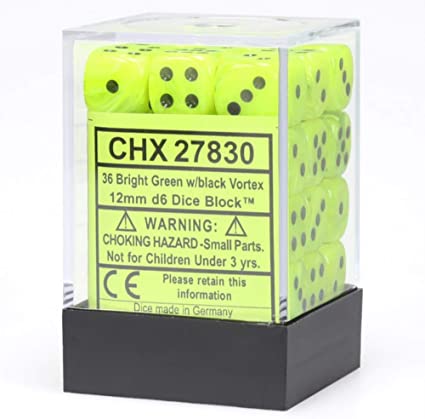 CHX27830: Vortex - 12mm D6 Bright Green w/black (36)
