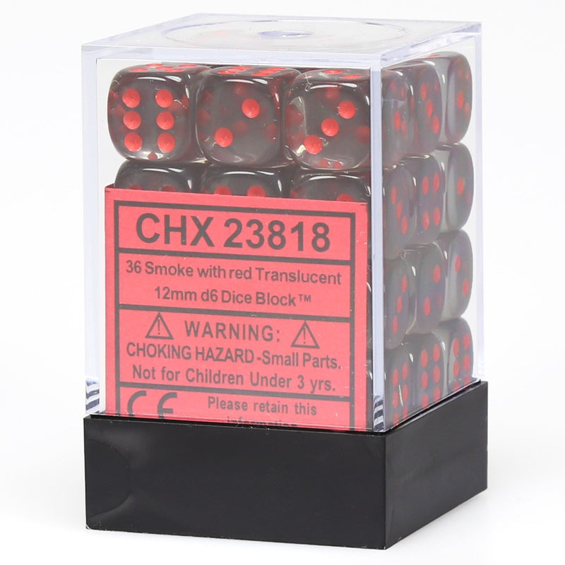 CHX23818: Translucent - 12mm D6 Smoke w/red (36)