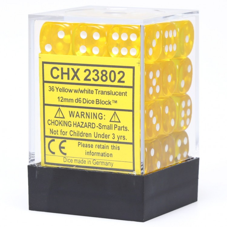 CHX23802: Translucent - 12mm D6 Yellow w/white (36)