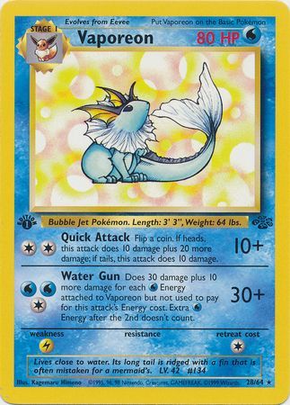 Vaporeon  - 28/64 (JU) Rare - Near Mint 1st Edition