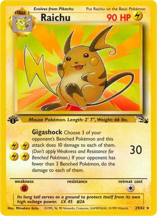 Raichu - 29/62 (FO) Rare - Near Mint 1st Edition