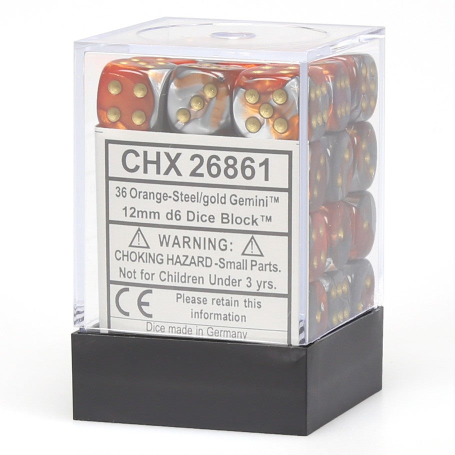 CHX26861: Gemini - 12mm D6 Orange-Steel w/gold (36) (OOP)