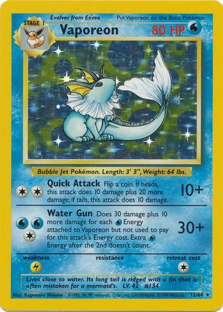 Vaporeon - 12/64 (JU) Holo Rare - Lightly Played Unlimited Holofoil Misprint