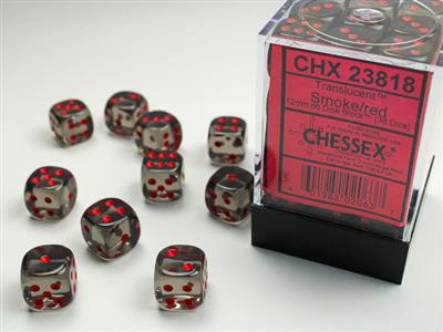 CHX23818: Translucent - 12mm D6 Smoke w/red (36)