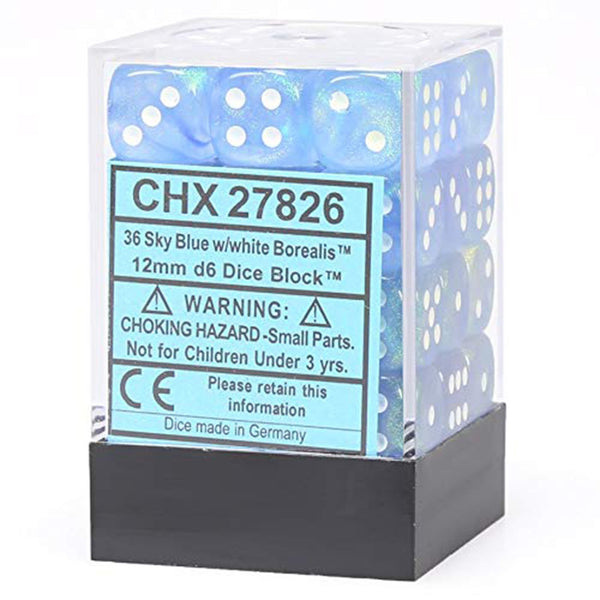 CHX27826: Borealis - 12mm D6 Sky Blue w/white (36) (OOP)