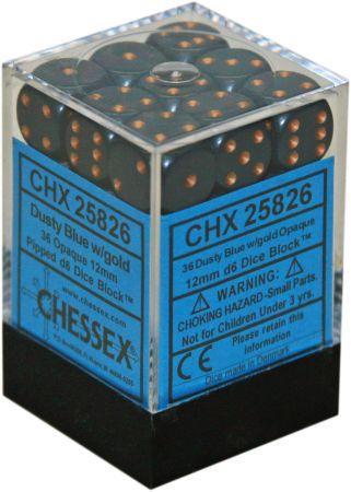 CHX25826: Opaque - 12mm D6 Dusty Blue w/gold (36)
